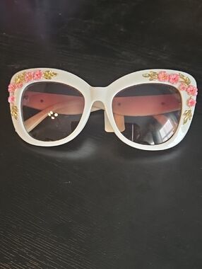 Anthropologie White Oversized Sunglasses with Pink Floral & Gold Accents